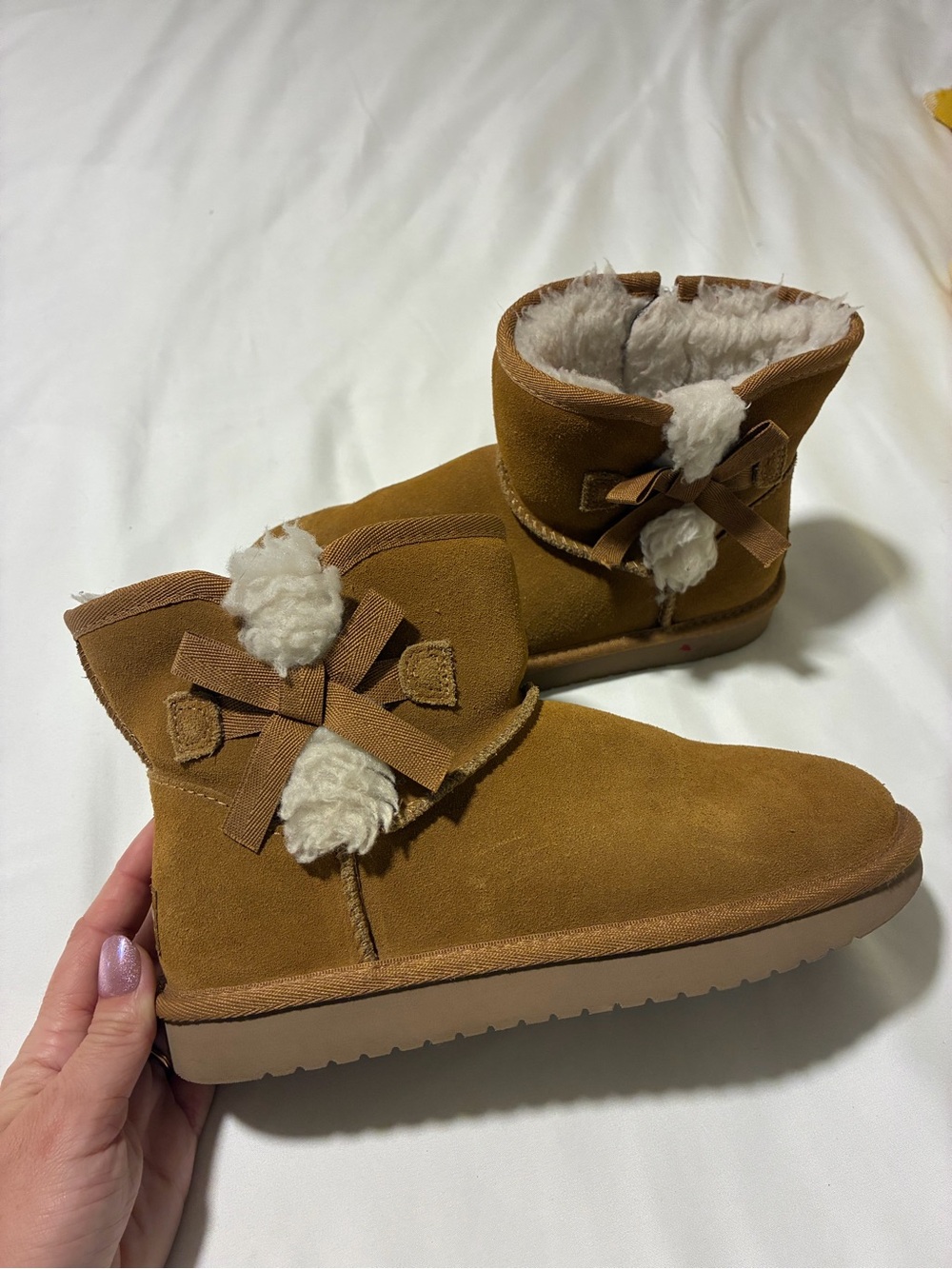 Koolaburra Chestnut Suede-Look Shearling by UGG Booties with Bow Accent